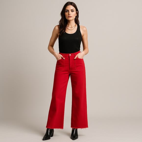 Alice + Olivia Denim - Alice + Olivia High Waist Wide Leg Raw Hem Red Jeans‎ Size 29